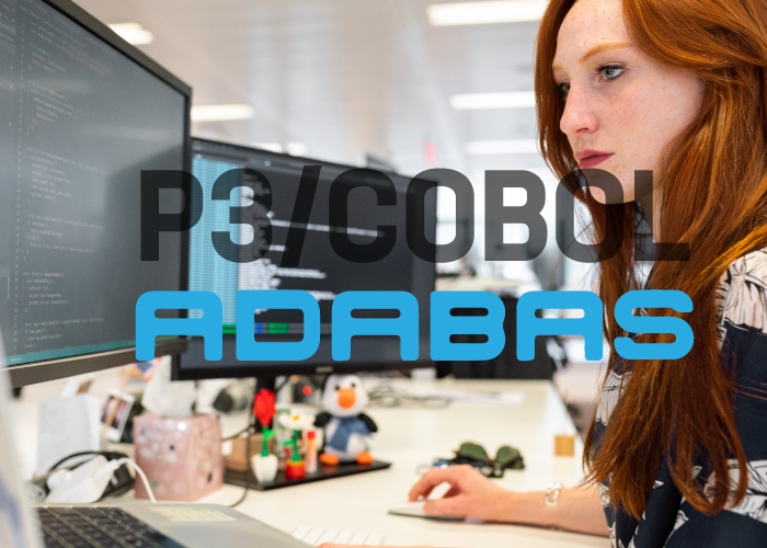 text saying p3/cobol adabas and background image of woman programming